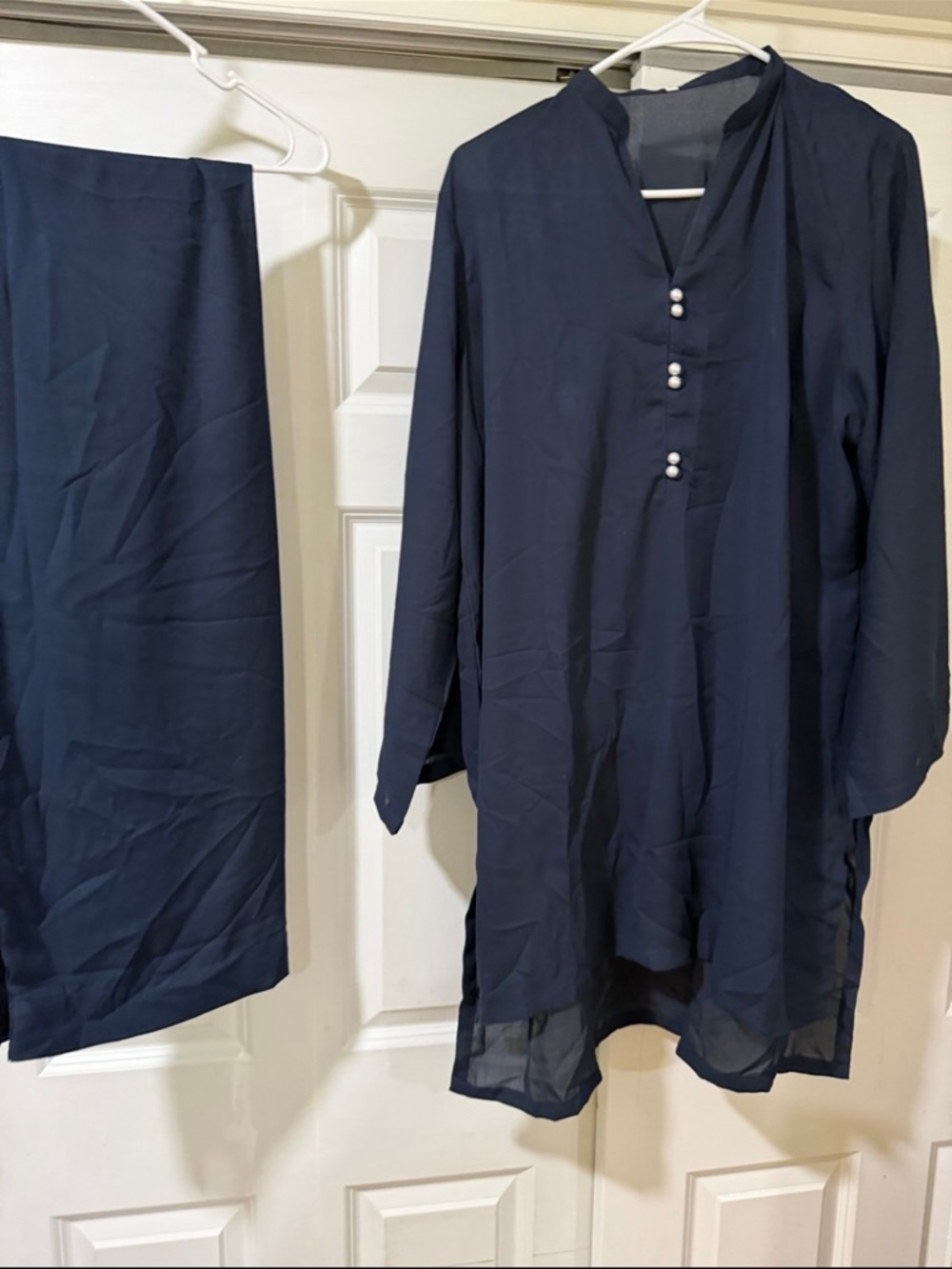 Elegant Navy Blouse with Pearl Buttons
